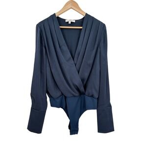 Favorite Daughter Womens Date Blouse Satin Navy V-Neck Long Sleeve Bodysuit M